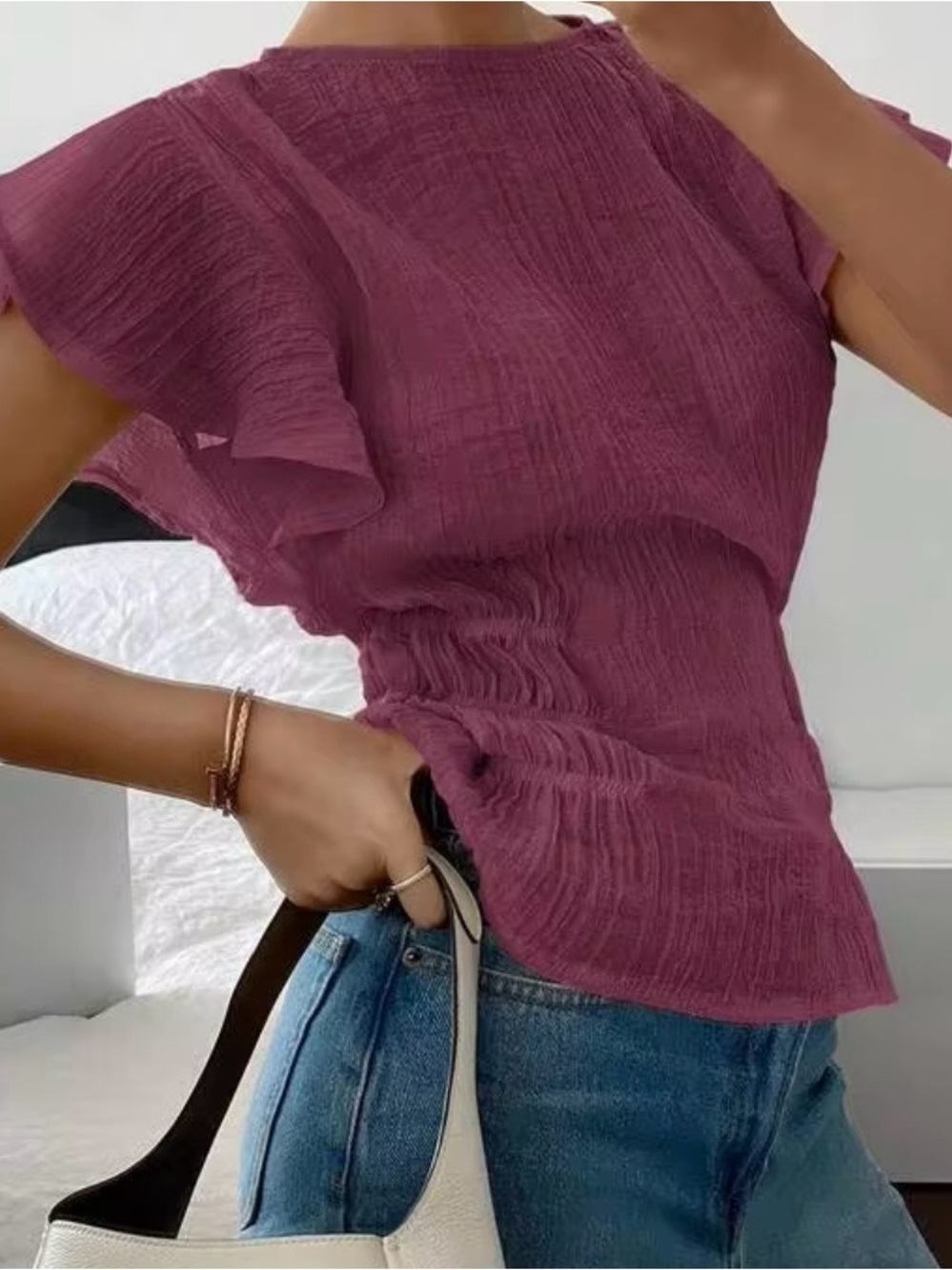 Siren Gaze Women Plain Crew Neck Ruffle Sleeve Cinched Waist
